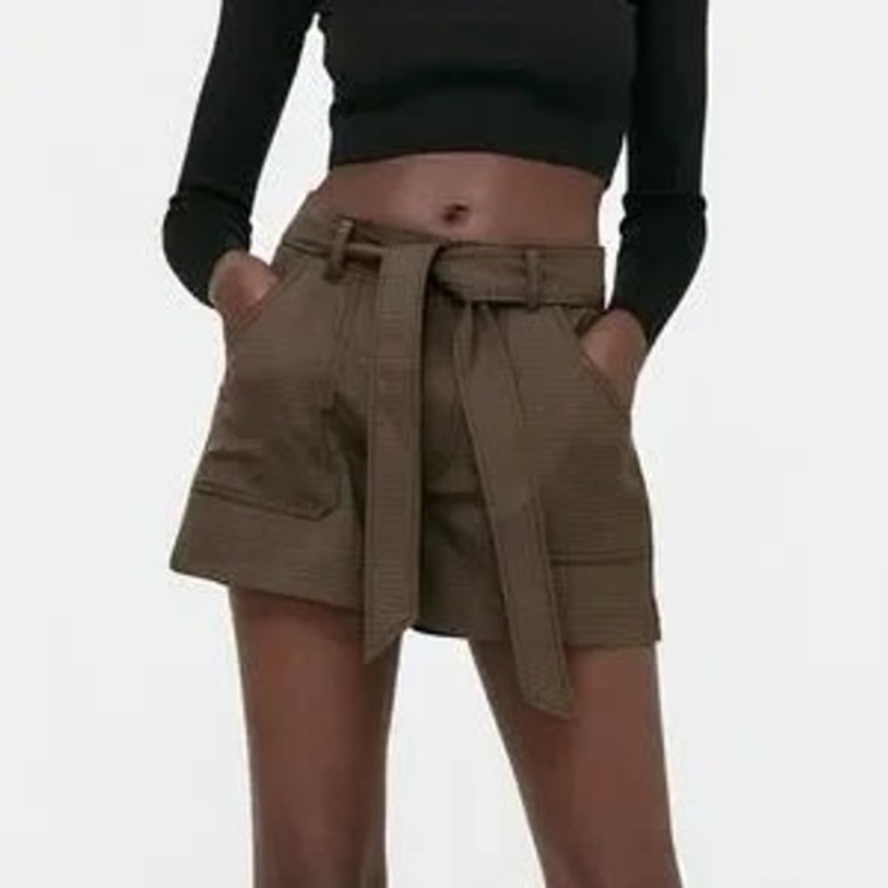 Zara Brown Houndstooth High Waisted Paperbag Shorts with‎ Belt Womens XS